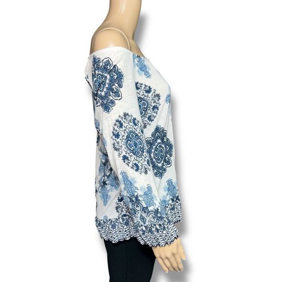 INC International Concepts Womens Blouse Top Shirt Floral Geo Print Blue White - Picture 2 of 8